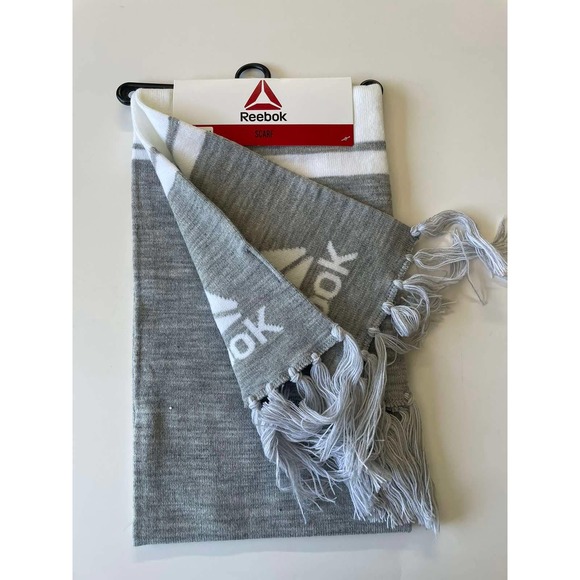 Reebok Fringed Scarf Logo Gray White Soccer One Size Men's Women's New - Picture 9 of 12